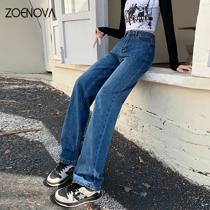 ZOENOVA Spring Premium Straight Women's Jeans Casual High Waist Straight Wide Leg Pants Y2K Street Versatile Denim Trousers