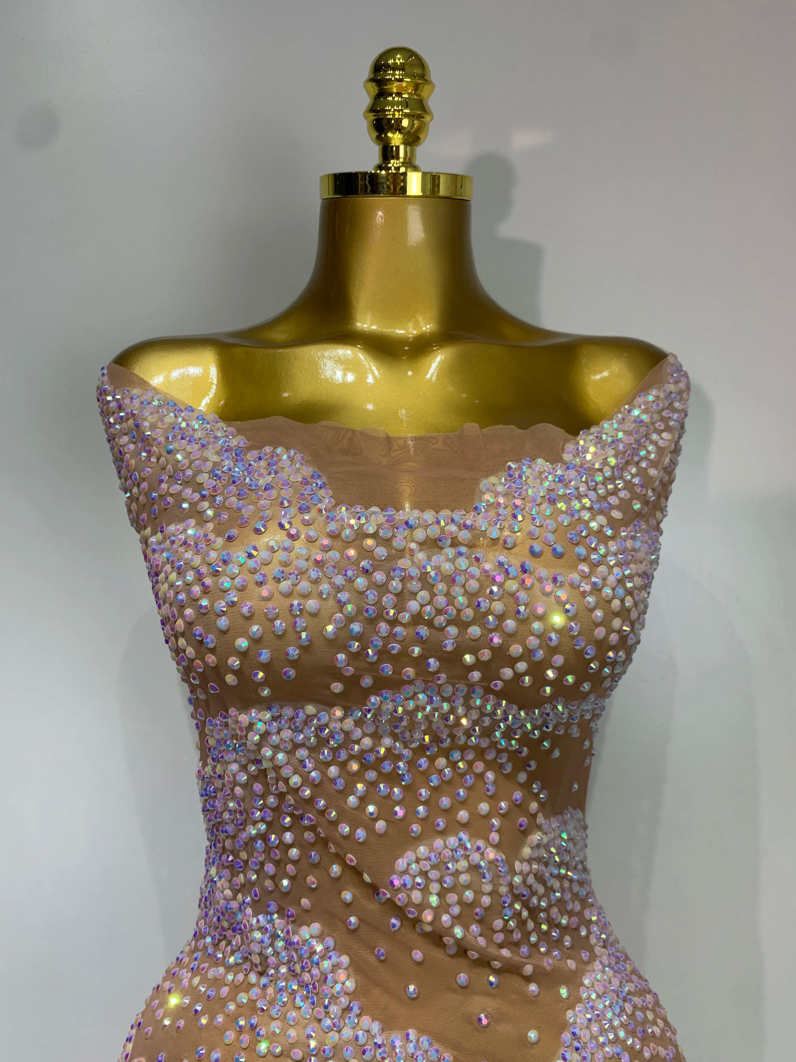 Women Sexy Mesh See Through Mini Dress Celebrate Birthday Evening Party Dress Luxury Rhinestones Stage Performance Costume