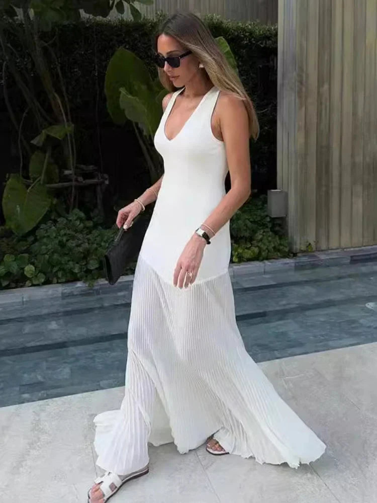 Tossy Knitted V-neck Elegant Long Dress Sexy Sleeveless Slim Stitching Folds Beach Vacation Female White Dress Knitwear Outfits White