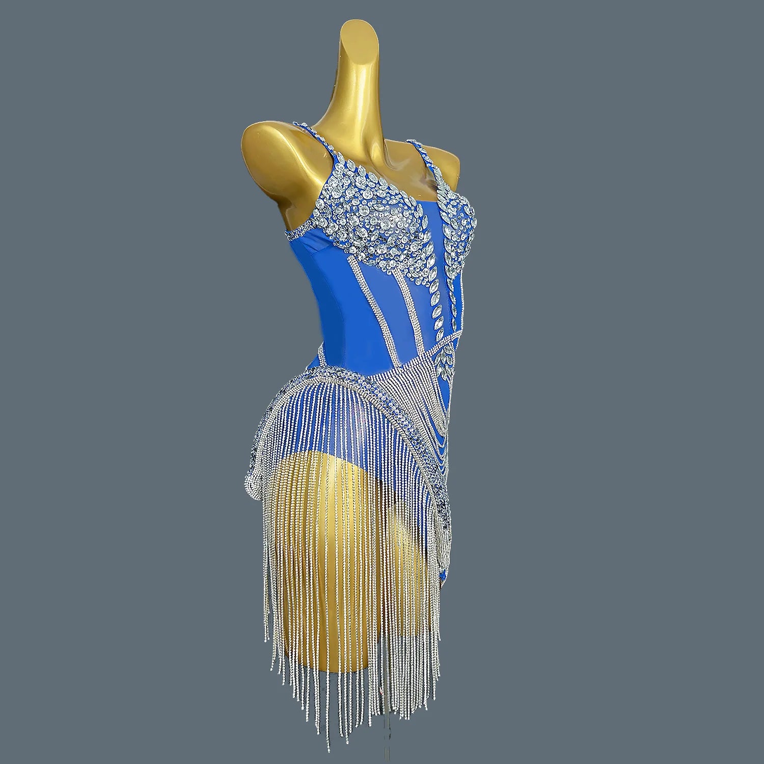 Women Shiny Blue Crystal Chain Diamonds Dress Elastic Sexy Mini Night Club Performance Costume Birthday Party Dress Tassel Liehu