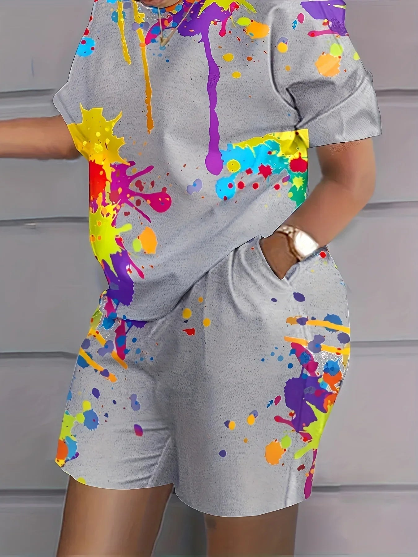 Plus Size 1XL-5XL New Women Fashion Colorful Tie Dye Print Two-piece Sets T-Shirt & Shorts Casual Round Neck Short Sleeve Suit GRAY