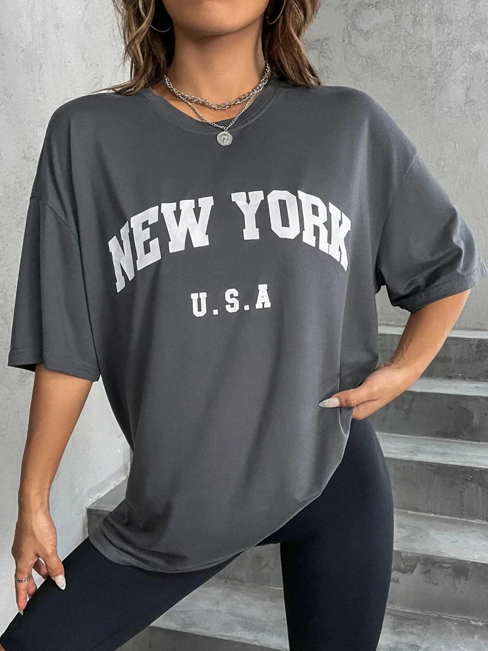 U.S.A New York USA City Street Printed Women T Shirts Breathable Summer T-Shirt Fashion Tees Clothing O-Neck Short Sleeve dark gray