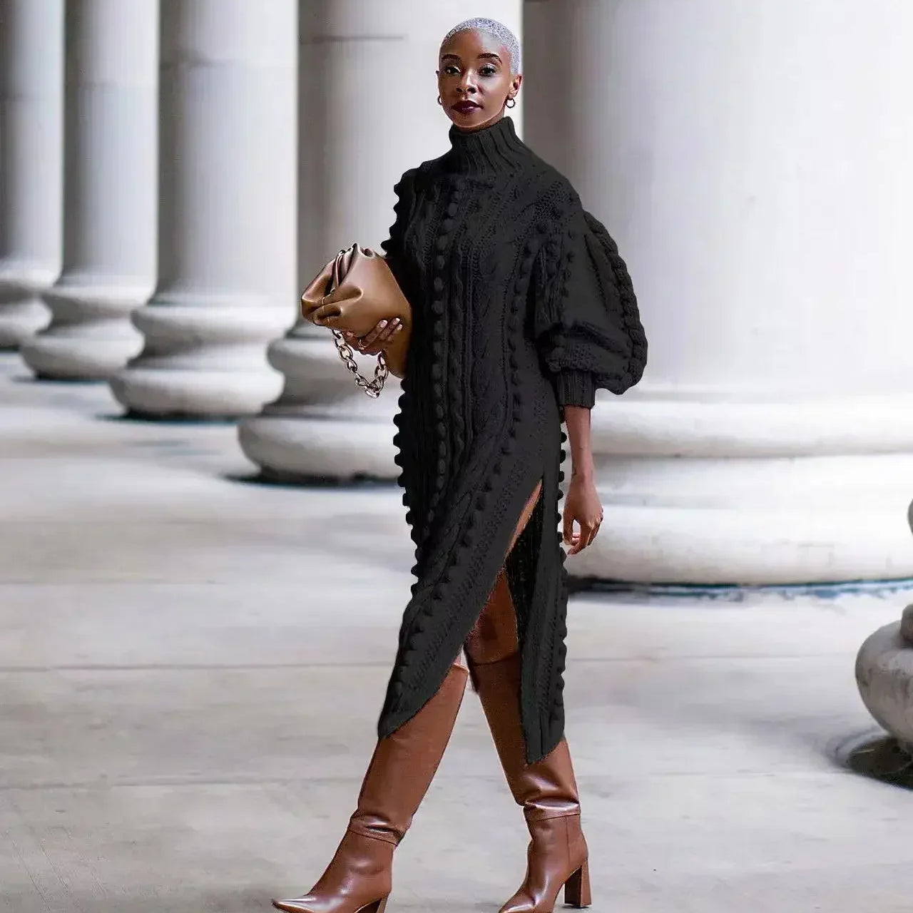 New Autumn Women Long Sleeve Turtleneck Knitted Dress Sexy High Split Sweater Dress Casual Warm Winter Thicken Dress Female black LYQ275