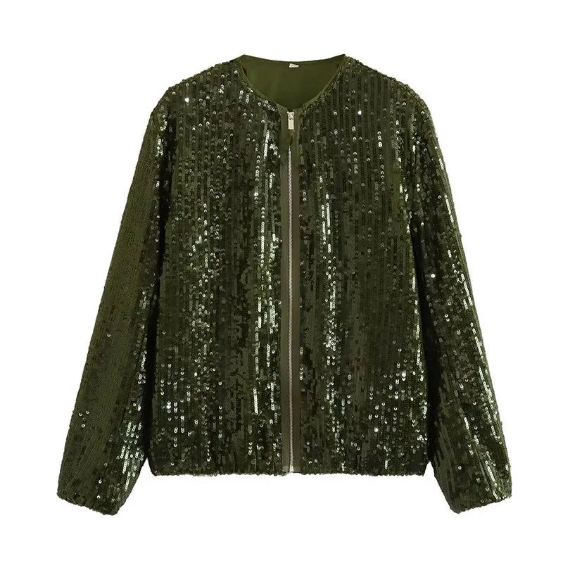 Sequin Women Coat Gold Long Sleeve Stand Collar Gold Female Jacket Autumn Winter Fashion Single Breasted Party Lady Outwear 03 pitch green