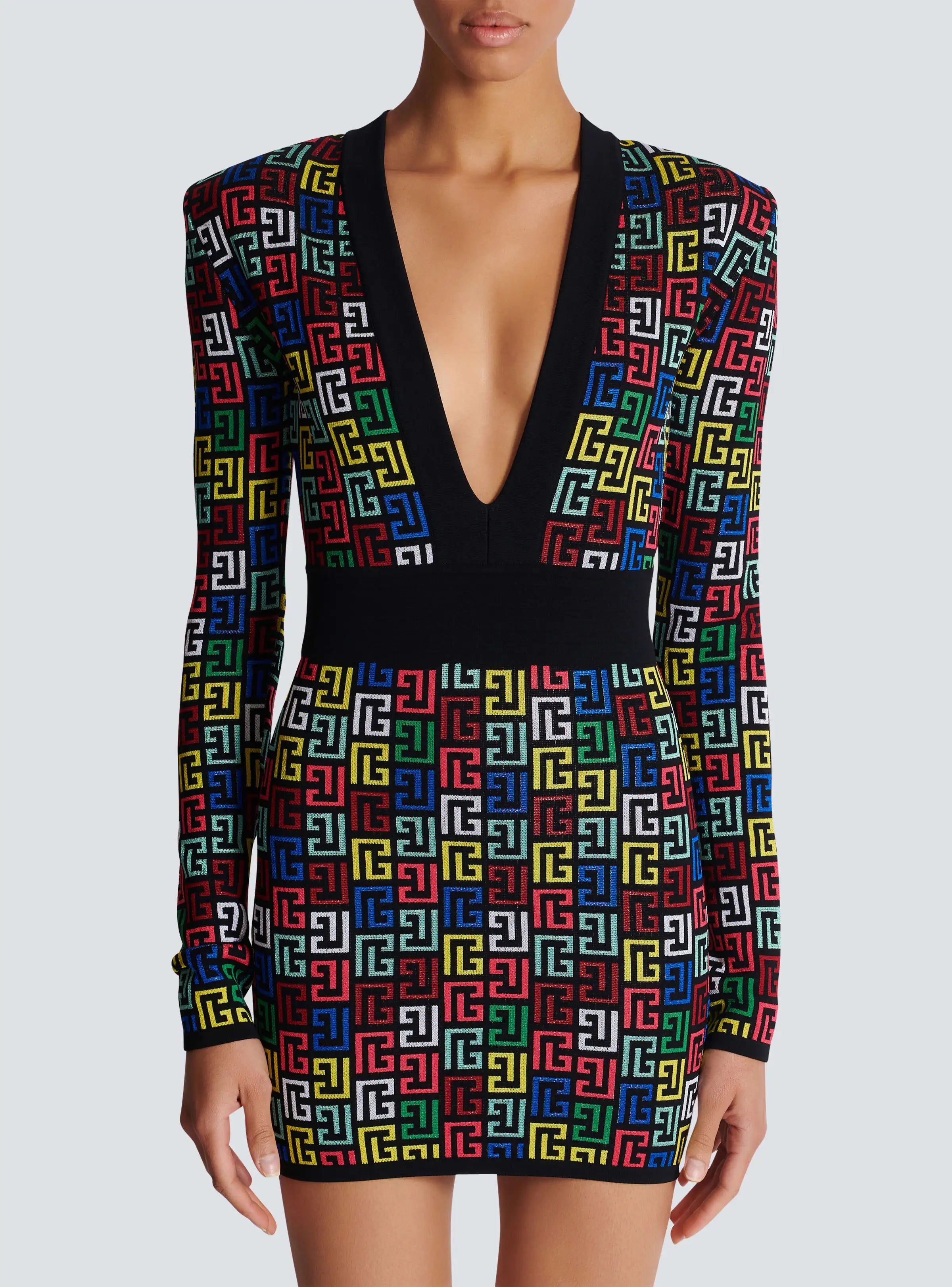 2024 Women Long Sleeve Deep V-Neck Bodycon Mini Jacquard Bandage Dress Elegant Evening Party Cocktail Outfit black