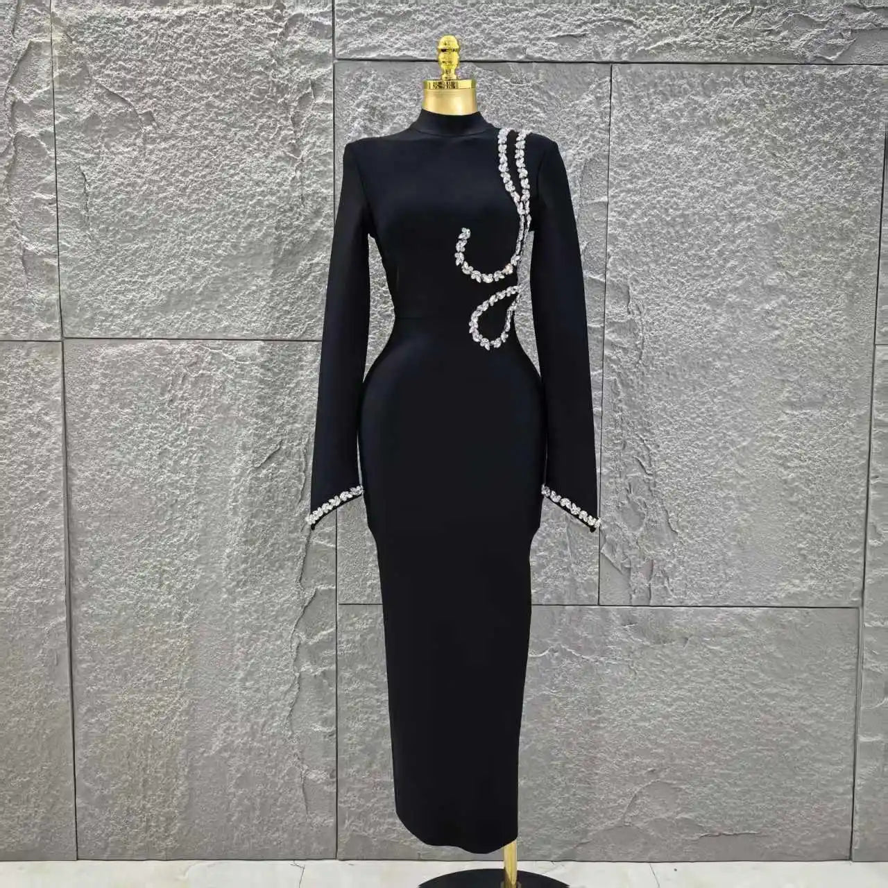 Black Red Women Long Sleeve Shinning Crystal Bodycon Long Bandage Dress Elegant Evening Party Cocktail Outfit Vestido black