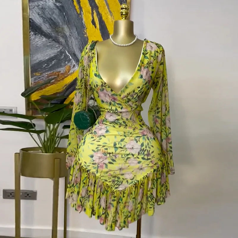 CM.YAYA Women Floral Printed Long Sleeve V-neck Ruffles Mini Dress 2025 Beach Evening Sexy Beach Party Birthday Street Dresses