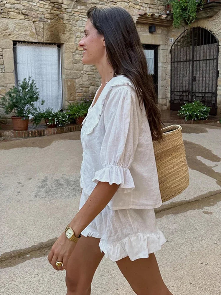 Casual Ruffle Doll Collar Shirts Shorts Set Women Puff Short Sleeve Single Breasted Blouses Suit Summer Loose Lady Suits