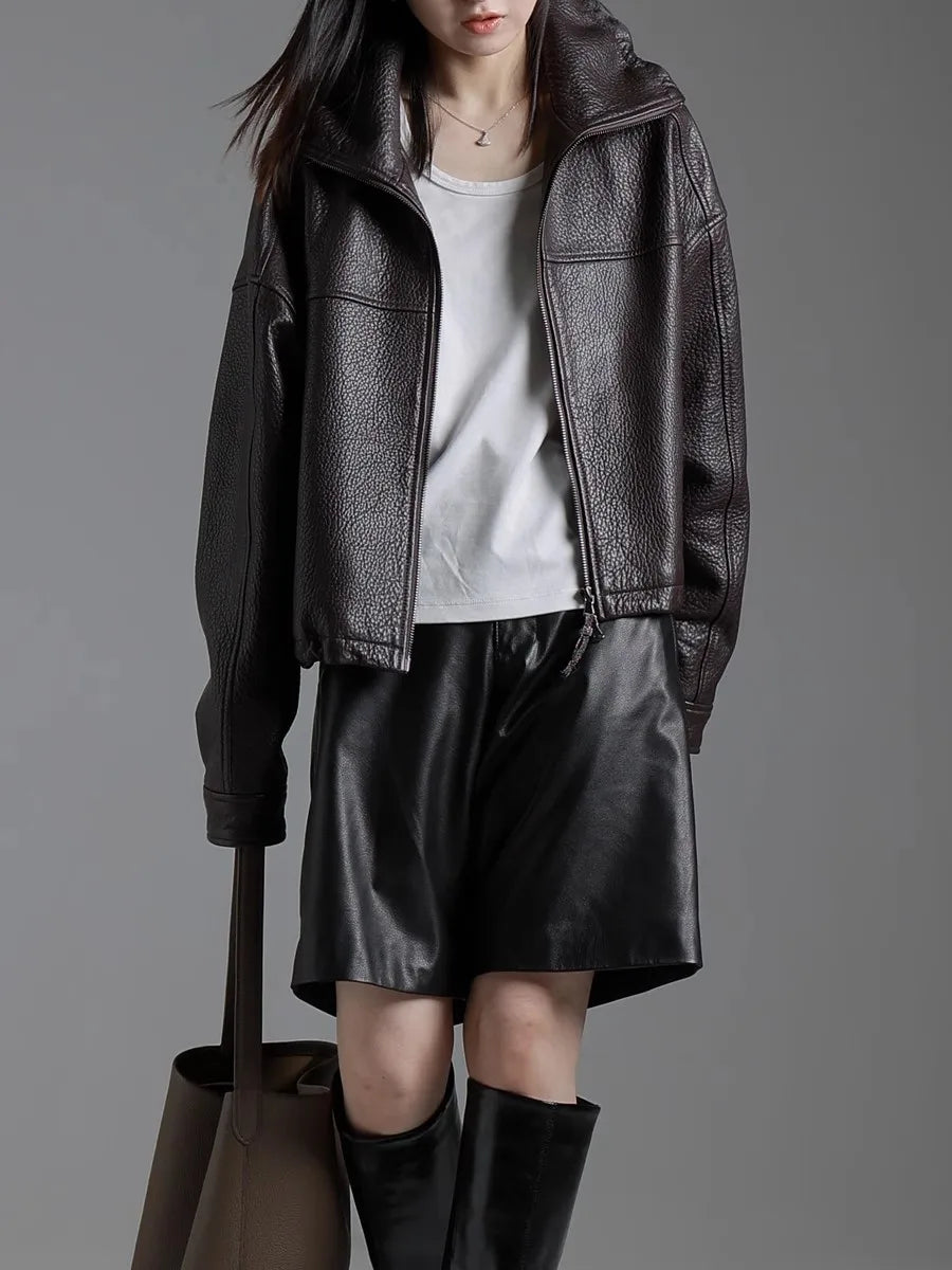 Lautaro Spring Autumn Cool Waterproof Short Brown Pu Leather Jacket Women with Long Raglan Sleeve Zip Up Luxury Designer Clothes