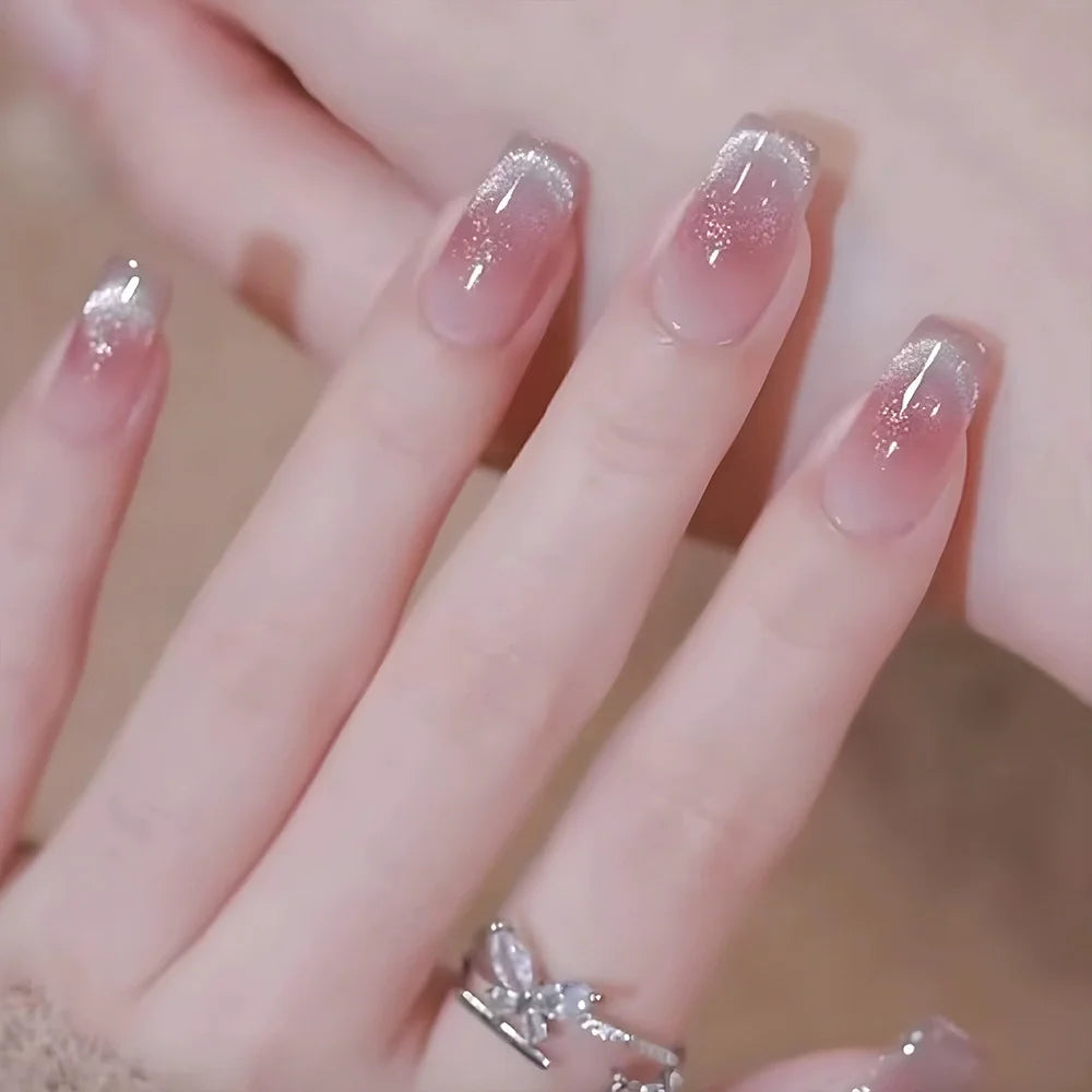 24Pcs Gradient Color Fake Nail Simple Short Ballet Wearable False Nails with Cat Eye Design Press on Nails Full Cover Nail Tips 8