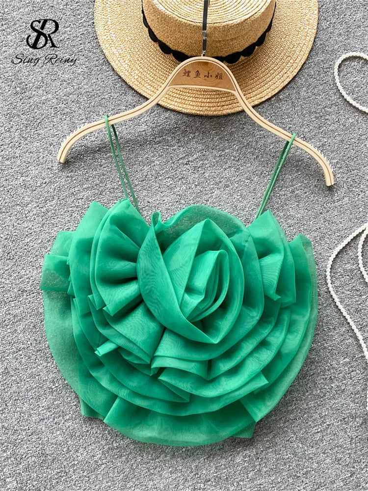 SINGREINY Female 3D Flowers Vacation Style Sexy Camis Summer Design Sheath Tops Women Solid Slim Short Streetwear Beach Camisole green One Size