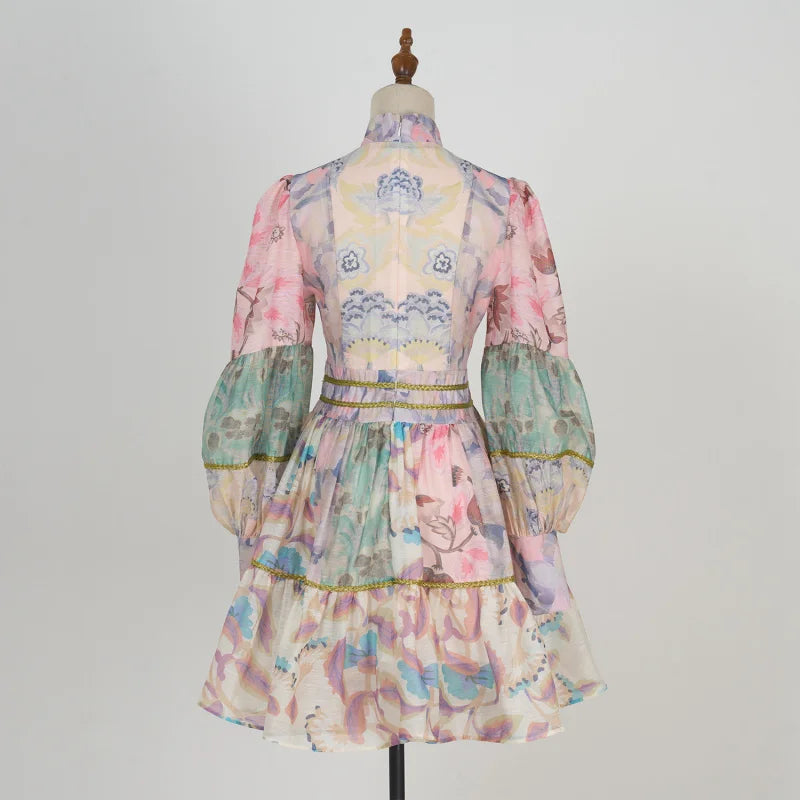 Fall Real Shot Spot Customized New Product Vintage Court Style Small Stand Collar Bubble Sleeve Waist-Tight Dress