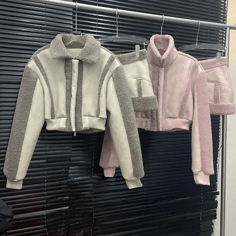 Autumn Winter New Fashion Fur-Lined Thickened Short Coat Patchwork Short Skirt Two-Piece Set For Women 11A07782