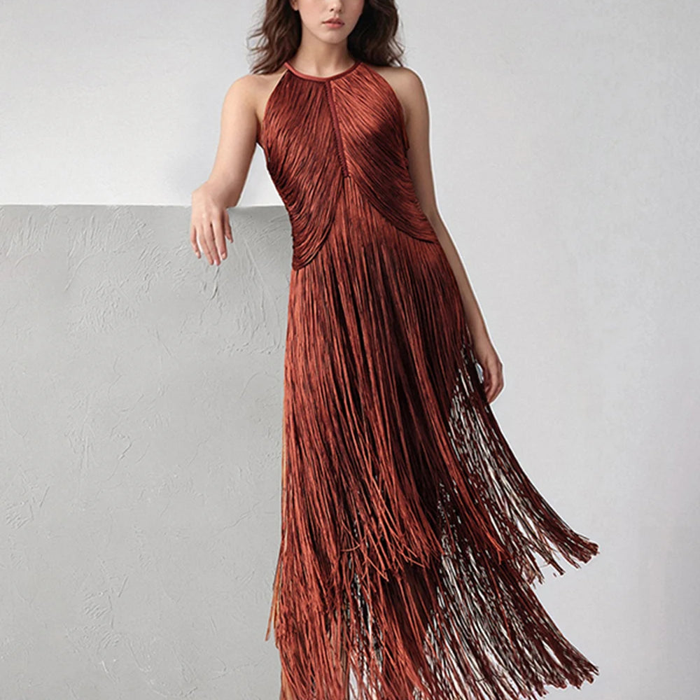 Modphy Sexy Tassel Ankle Bodycon Bandage Long Dress 2025 New Celebrity Elegant Evening Club Luxury Birthday Party Outfit 