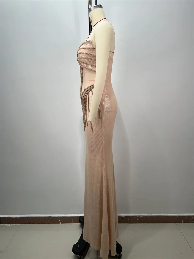 2025 New Shining Sequin Sexy Mesh See Through Strapless Ankle Length Dress Woman Evening Party Dress Celebrity Party Vestido