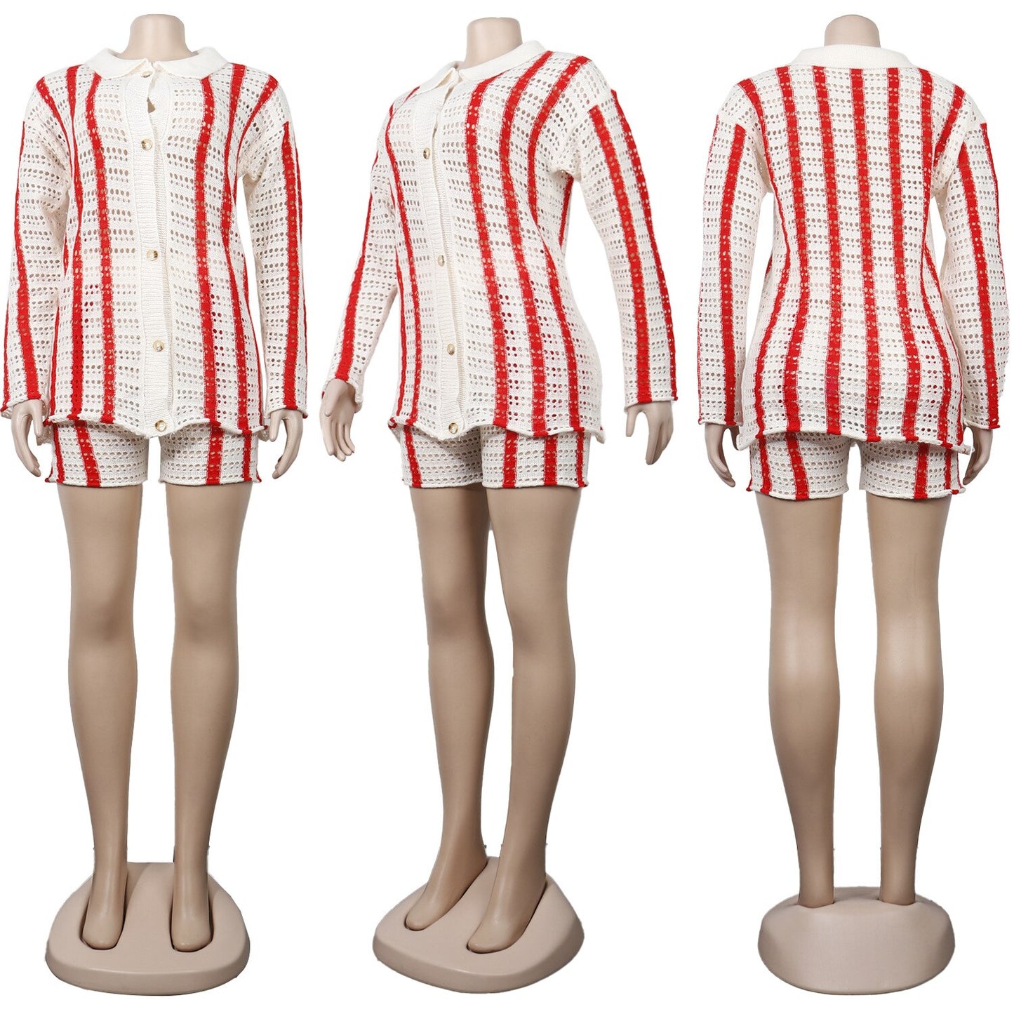 Pull tricoté rayé, Cardigan et short, ensemble deux pièces pour femmes, vêtements assortis à la mode d'automne