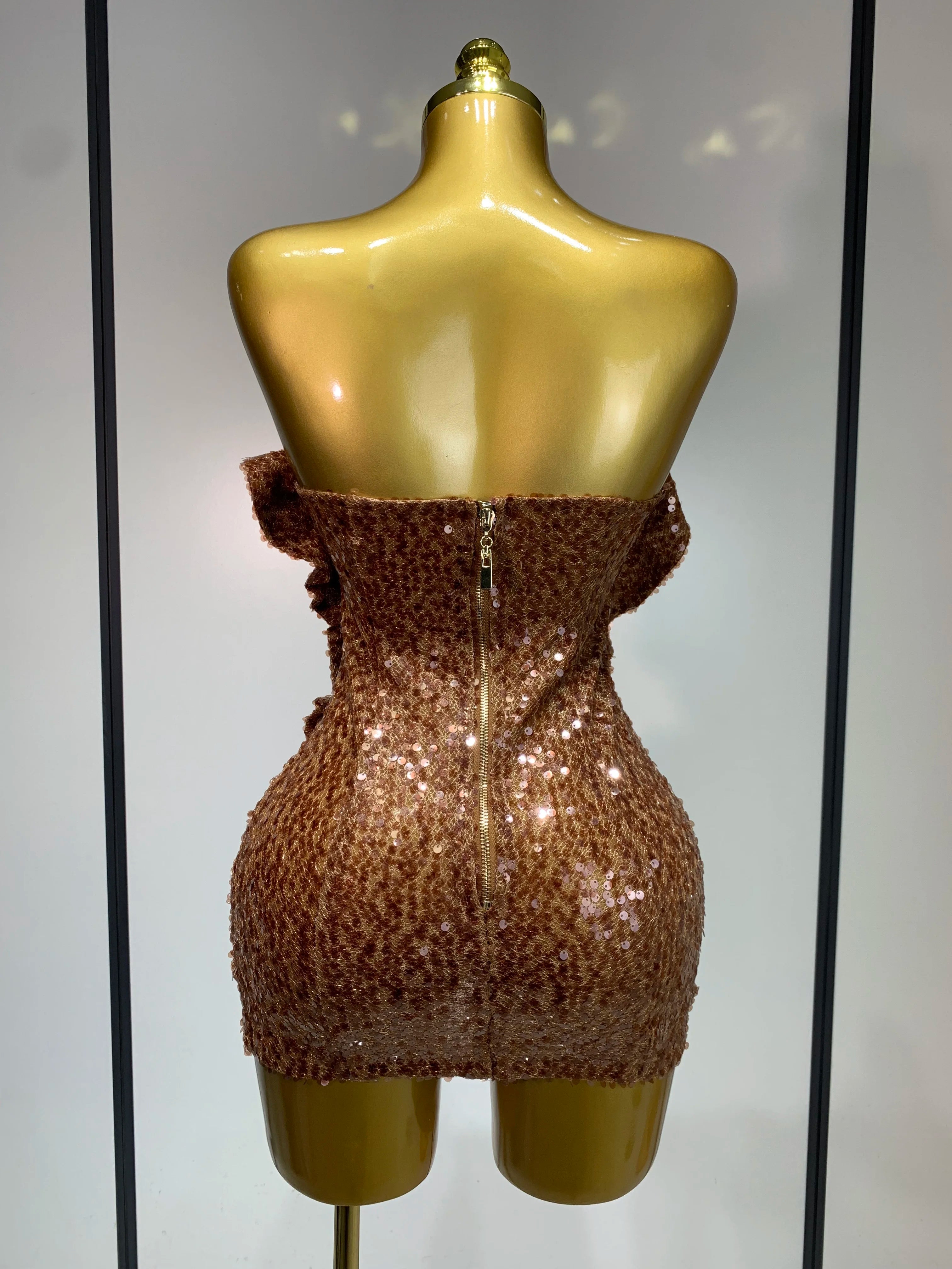 Women Sexy Strapless Backless Brown Sequins Mini Dress 2025 Celebrity Elegant Evening Party Club Luxury Birthday Guest Gown
