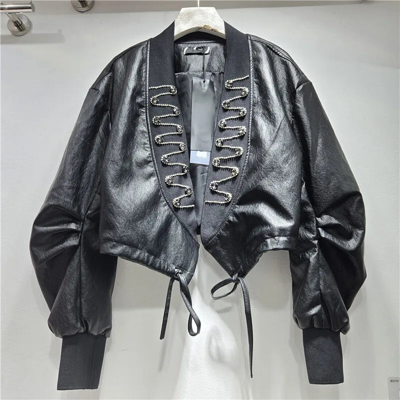 Autumn Winter Fashion V-Neck PU Leather Heavy Beading Design Pleated Coat For Women High Street Jacket Trendy 11A07727 Black One Size