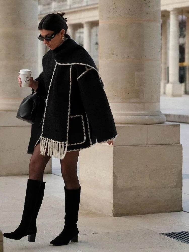 Woolen Jacket Women 2024 Autumn Winter Patchwork Tassel Coats Casual Fashion Long Sleeve Loose Top Warm Women's Suit Streetwear