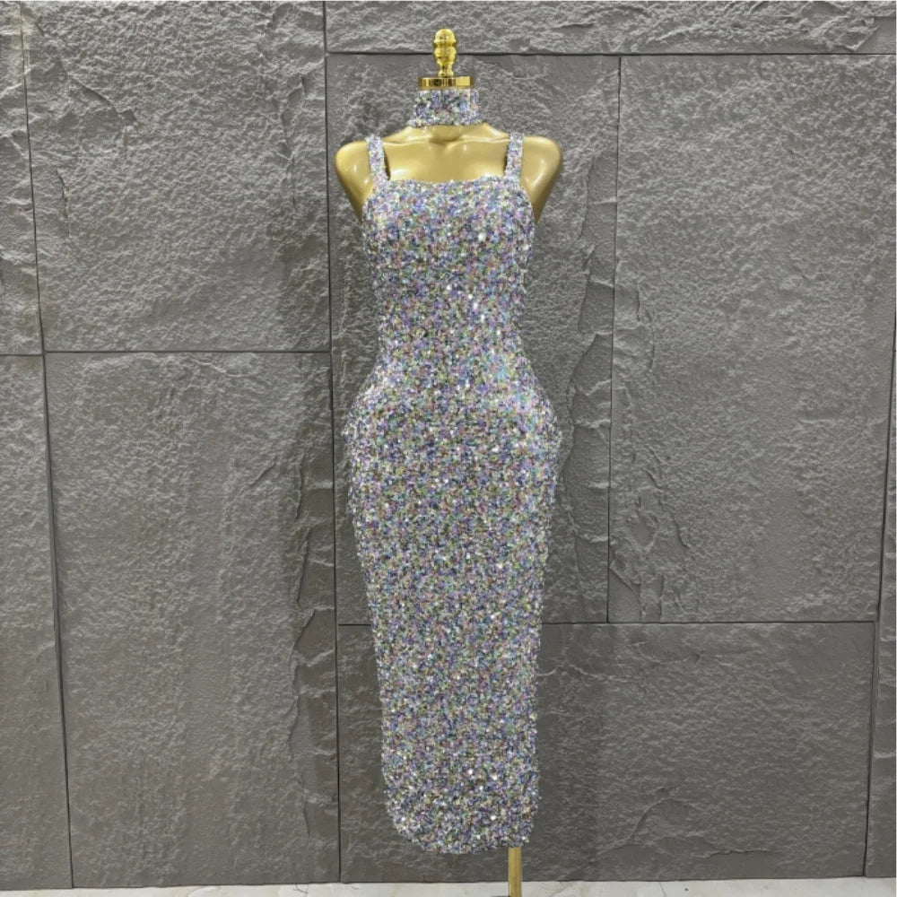 Colorful Sequins Women Sexy Strapless Bodycon Long Dress Necklace Celebrate Evening Party Nightclub Party Bar Singer Outfit