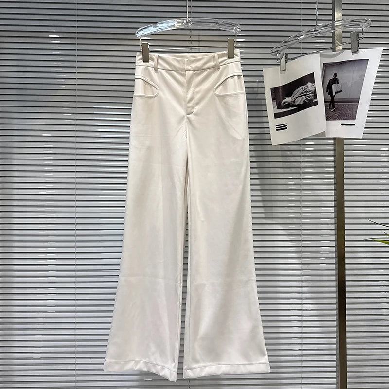 Winter New Fashion Three-Dimensional Solid Color PU Leather Casual Pants For Women High Waist Wide-Leg Pant 11A07679 White