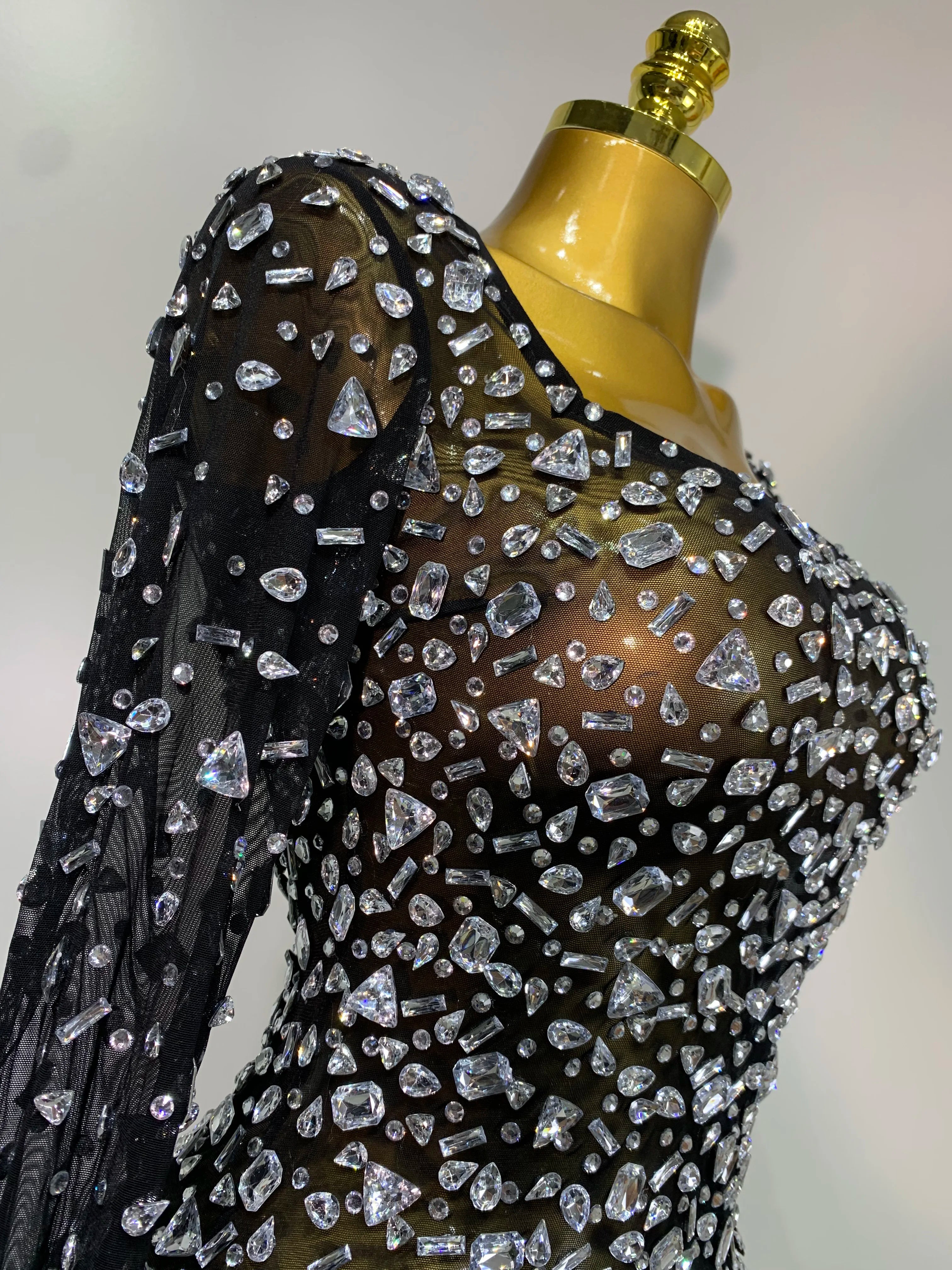 Sparkly Rhinestone Sexy Transparent Mini Dress Celebrity Evening Party Prom Birthday Photo Shoot Nightclub Stage Costume