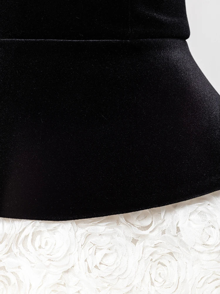 Vintage Glam Party Three-Pieces Strapless Mini Dress Outfit Black Velvet Bustier & White Floral Skirt