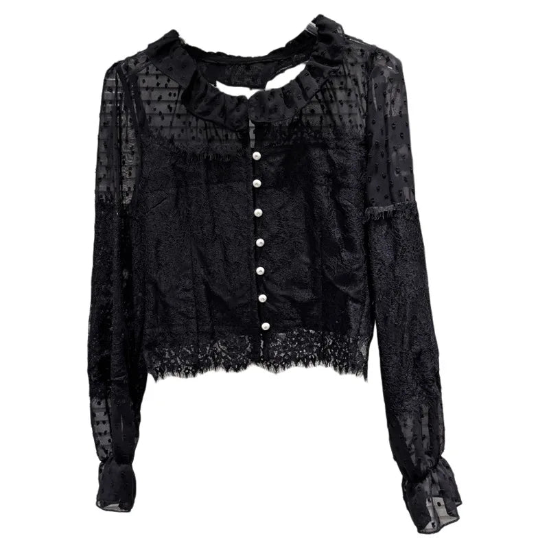 Winter New Fashion Sweet Pearl Button Patchwork Design Lace Blouse For Women Versatile Small Shirt Female 11A07895