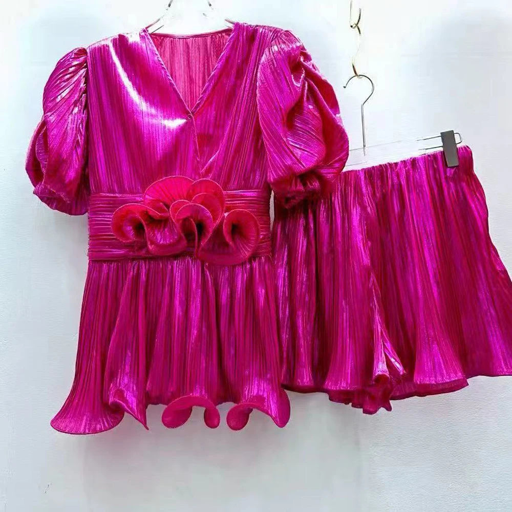 Loose Two Piece Sets for Women V Neck Short Sleeves Spliced 3D Flowers Top Patchwork Elastic Waist Shorts Female ROSE