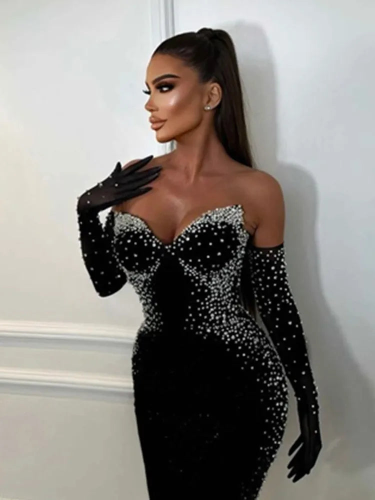 Sexy Strapless Backless Pearl Beading Black Long Bandage Women Celebrity Dress 2025 Elegant Party Evening Club Vestido Clothing