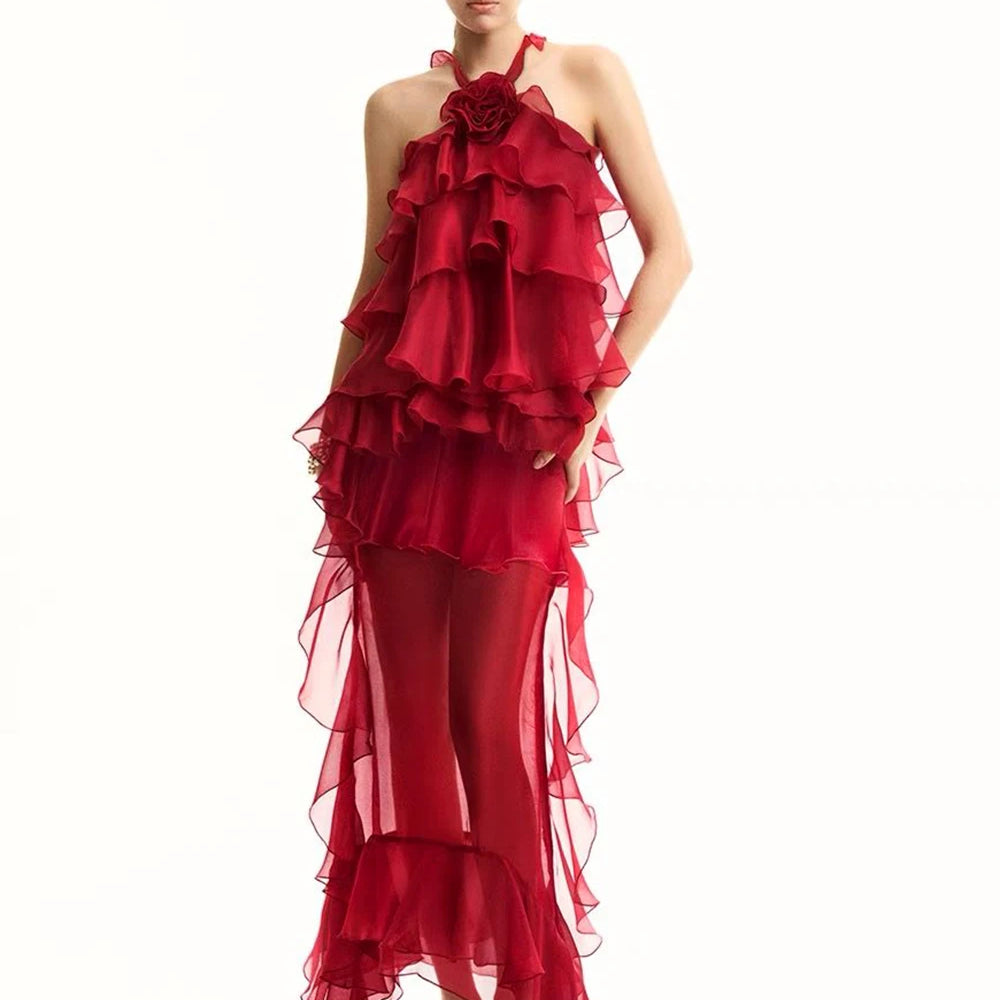 Women Gauze Perspective Irregular Elegant Long Party Dress New Ruffles Sleeveless Fashion Tide Summer 2025