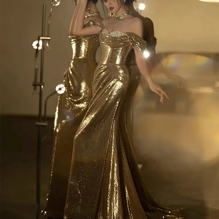 Lautaro Spring Praty Birthday Evening Dresses Woman Off Shoulder Backless Elegant Luxury Prom Floor Length Gold Sequin Dress