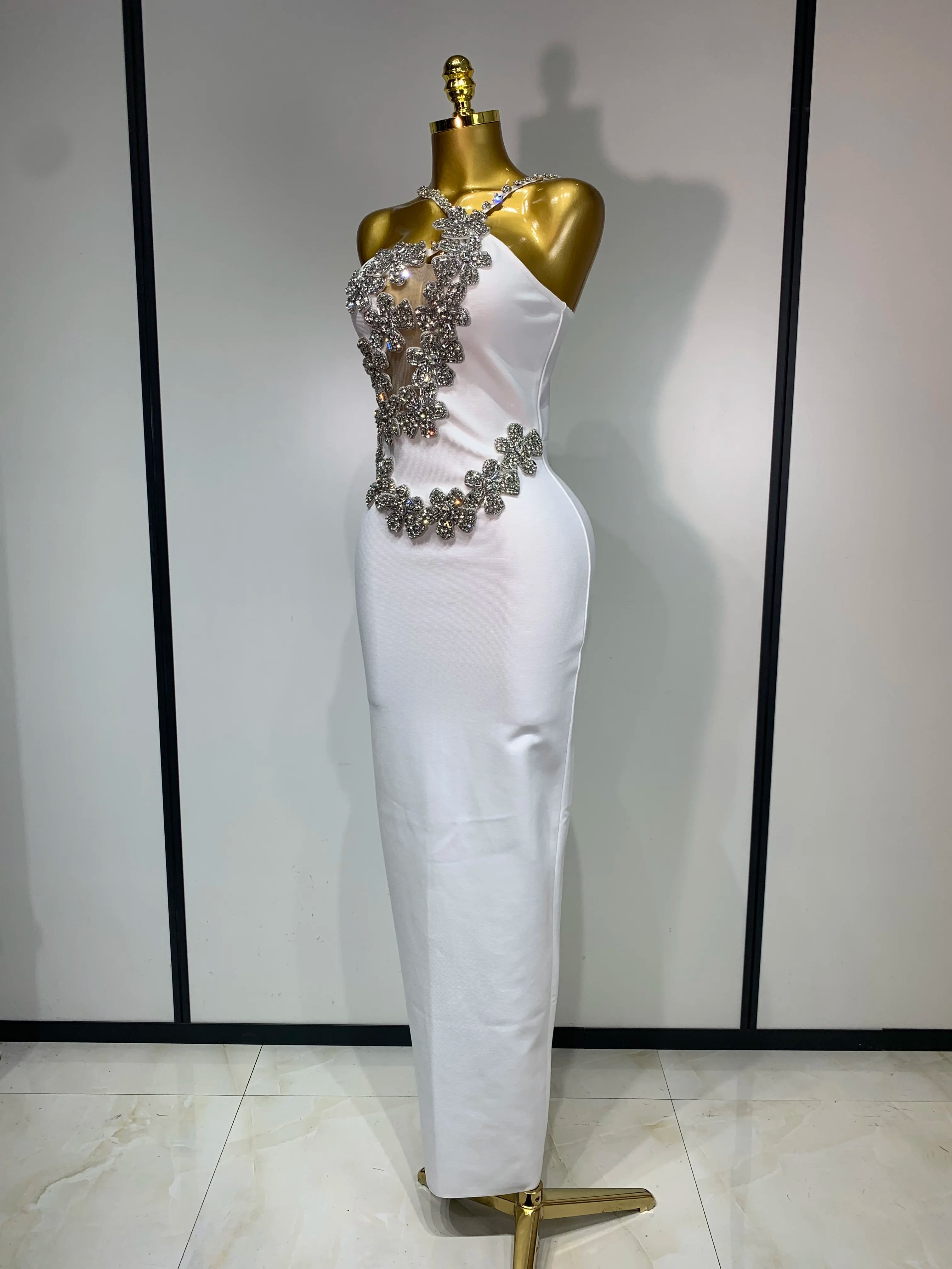Women Sexy Shining Beading White Maxi Long Bodycon Bandage Dresses Celebrity Birthday Evening Party Elegant Knitted Clothing