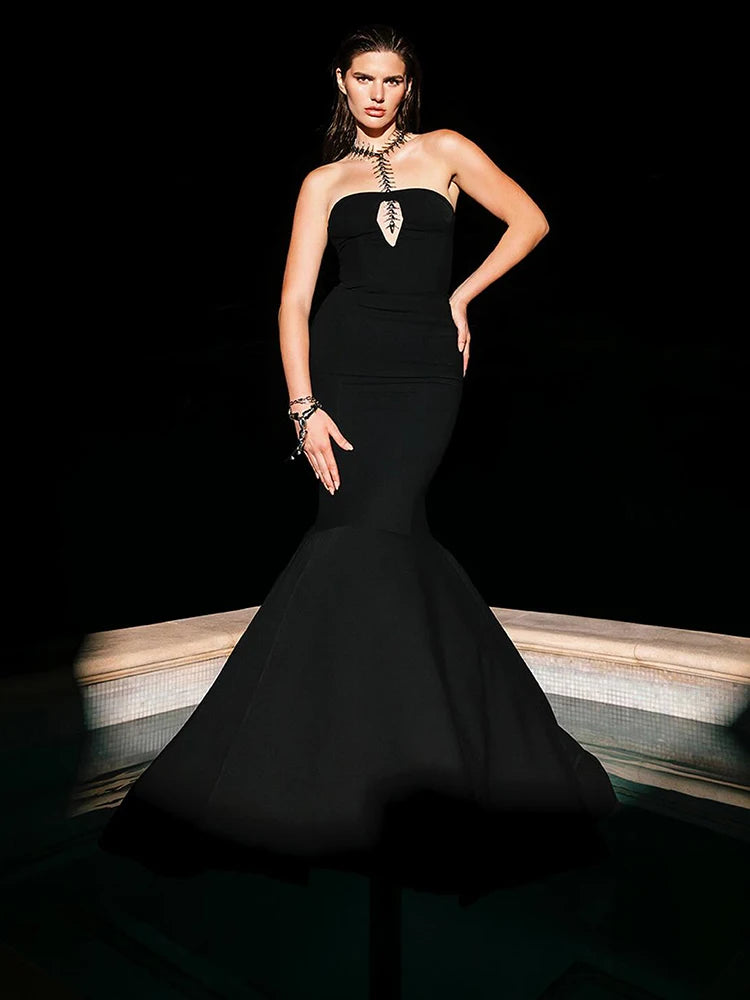 Black Sleeveless Mermaid Bandage Long Dress Sexy Key Hole Open Back Floor Length Court Train Gown Evening Party Wear