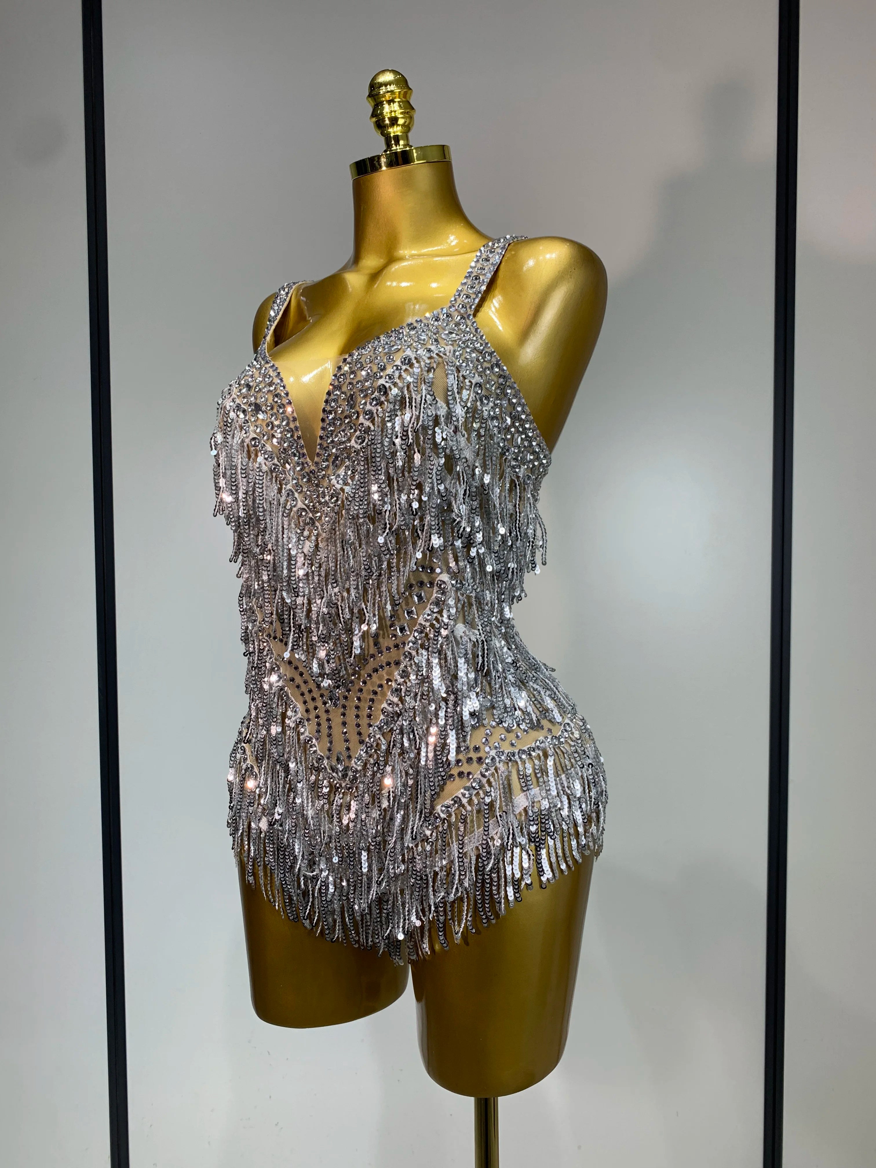 Sparkly Rhinestone Tassel Sexy Backless Mesh Bodysuit Women Luxury Birthday Party Nightclub Bar Dencer Stage performance Costume