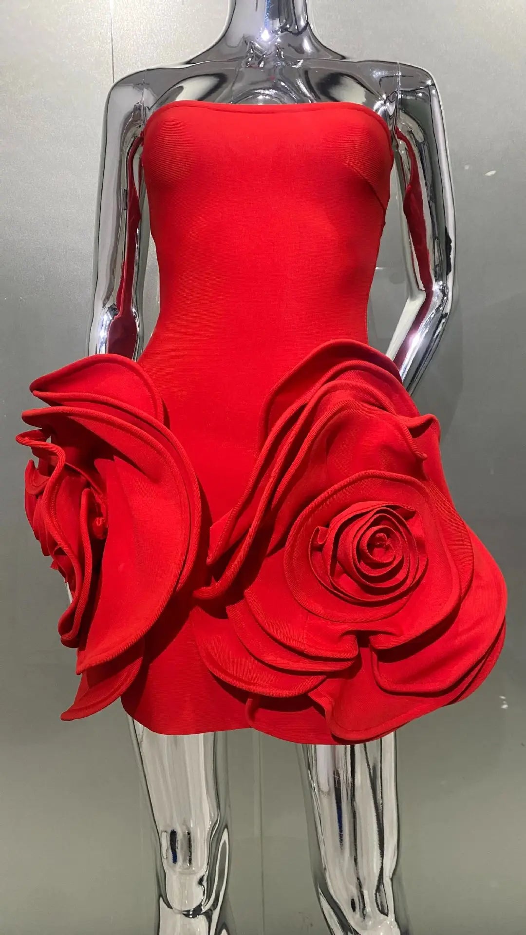 New Stereoscopic Flowers Strapless Red Bandage Mini Evening Dress Fashion Woman Birthday Party Dress Celebrity Party Outfit
