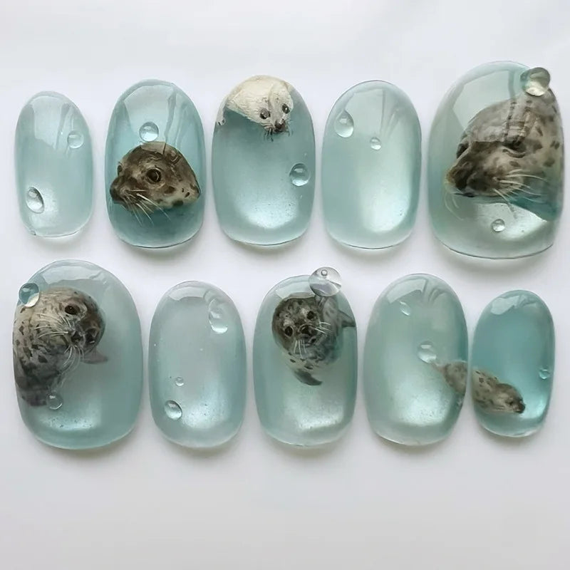 24pcs/set fake nails for women girls 3D embossed flowers cute pink blue leopard print Almond Square tips press on false nail 2801