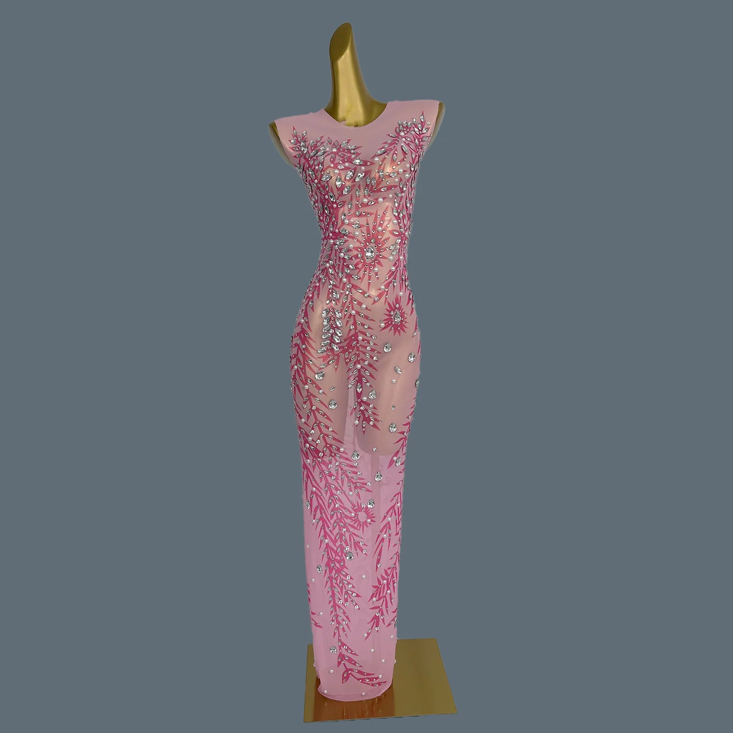 Women Luxury Sheer Mesh Pink Prom Dress Glitter Diamonds Long Evening Dress Birthday Party High-end Gown Banquet Robe Fenzhu Pink