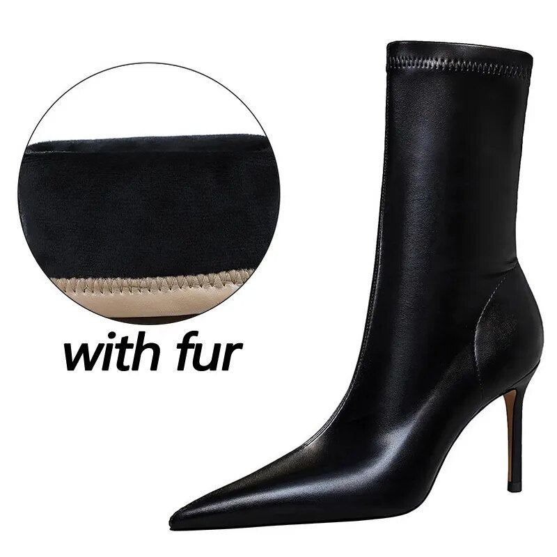 Shoes Leather Boots Women Ankle Boots Autumn Winter Boots Women High Heels Short Boots Ladies Booties Chaussures Femme black fur7.5CM