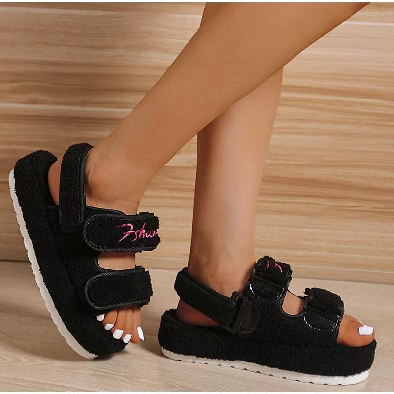 Plush Sandals for Women - New Fashion Platform Shoes Retro Flat Fluffy Furry Casual Shoes Female Light Round Toe Sandalias Black
