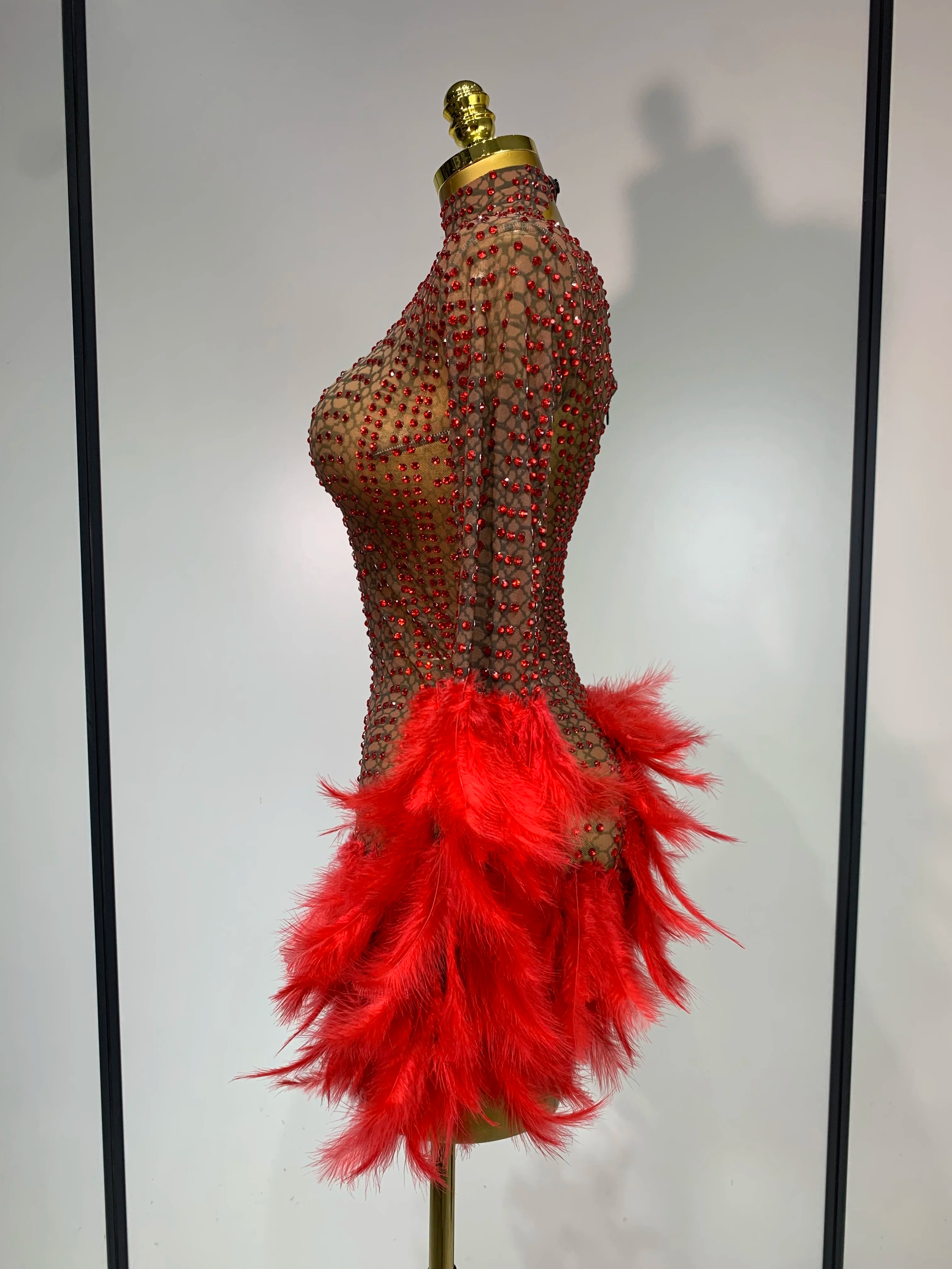 Women Luxury Birthday Dress Rhinestones Mesh Feathers Bodycon Mini Celebrity Evening Club Party Dress Nightclub Stage Outfit