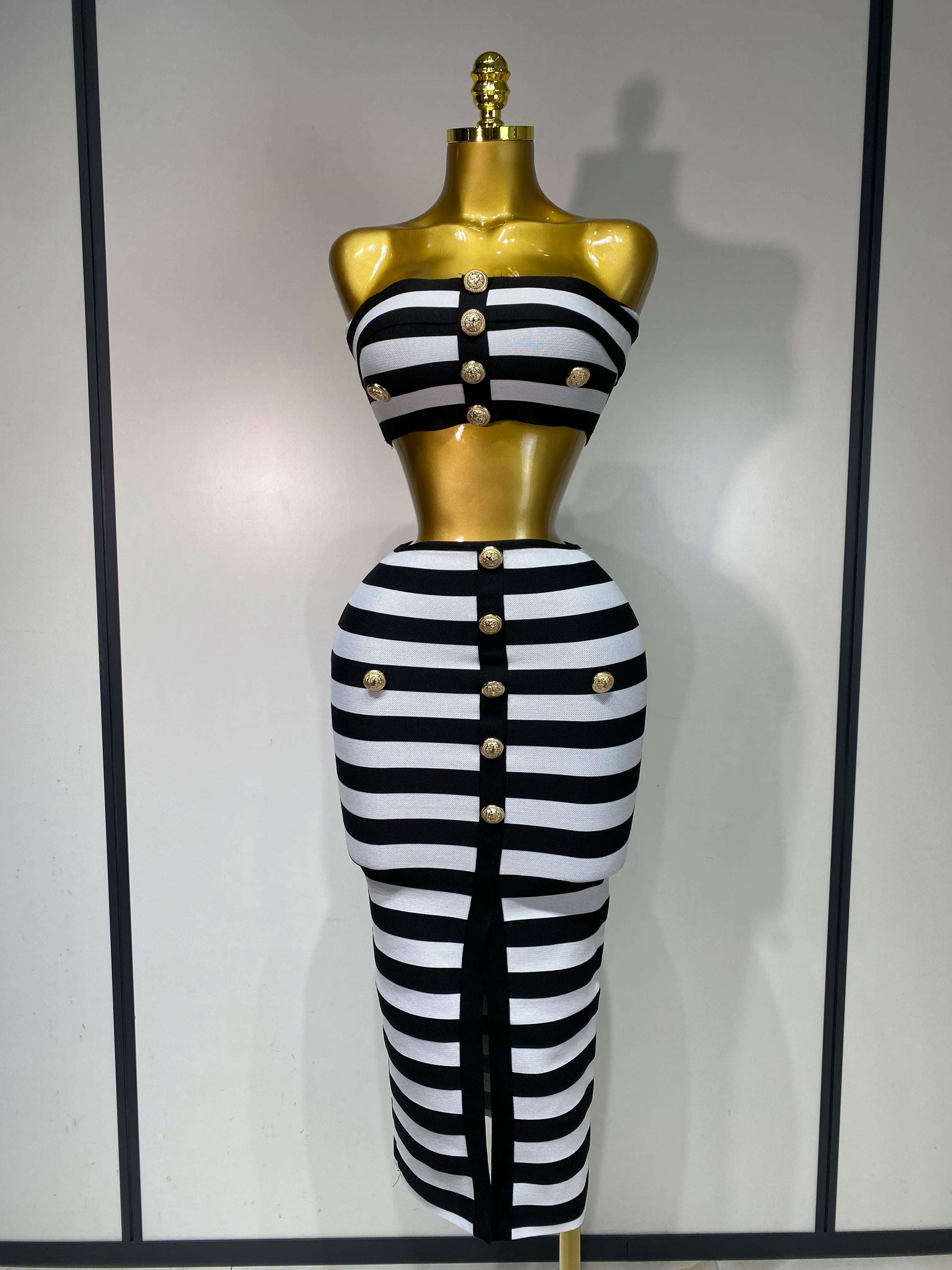 Women Sexy Off Shoulder Striped Button Two Piece Mini Bandage Set 2025 Celebrity Designer Evening Party Luxury Birthday Outfit black