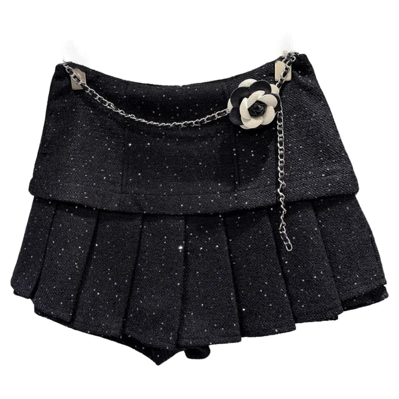 Winter New Fashion Waist Chain Tweed Pleated Skirt For Women Versatile Black Short Skirts Female Trend 11A07861