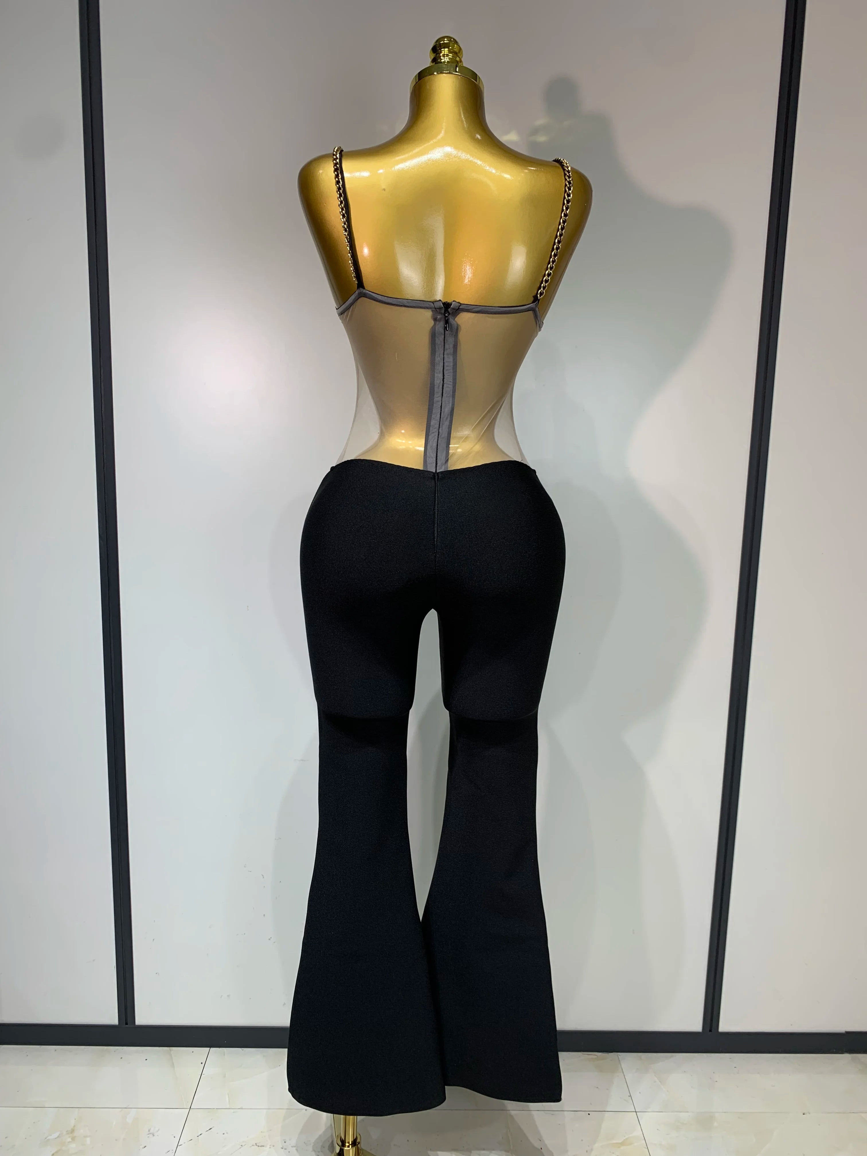 Women Luxury Sexy Sleeveless Mesh Chain Black Bodycon Bandage Jumpsuit 2025 Fashion Party Celebrity Designer High Street Rompers