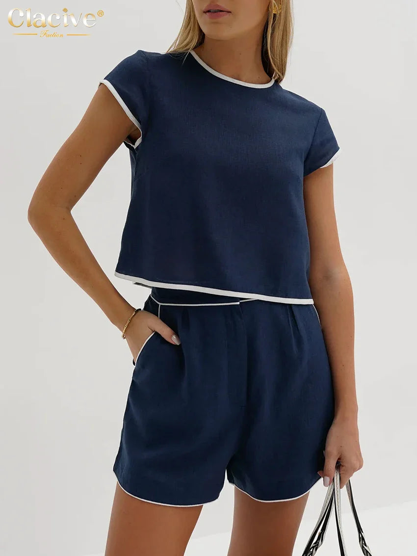 Clacive Casual Loose Blue Cotton 2 Piece Sets Women Outfit Elegant Short Sleeve Shirt With High Waist Shorts Set Female