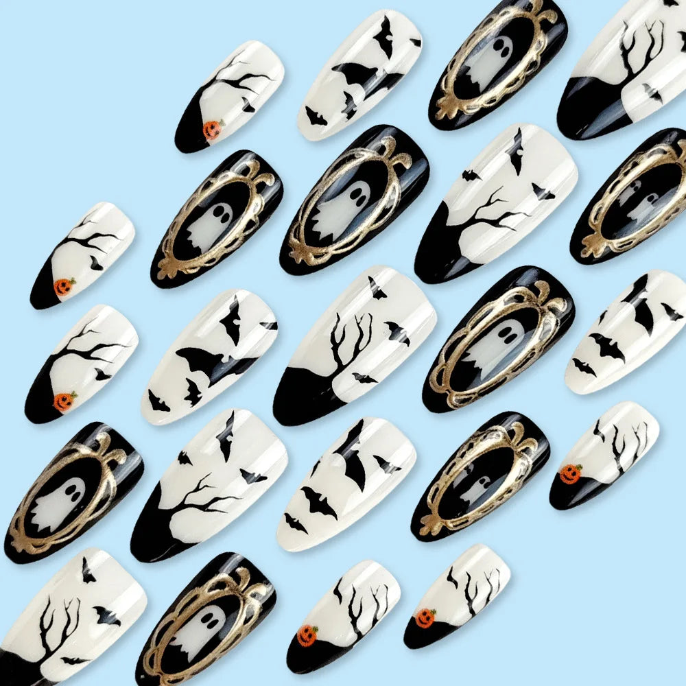 24pcs Black Bat Printed Fake Nails Halloween White Ghost Pattern False Nails for Women Wearable European Almond Press on Nails