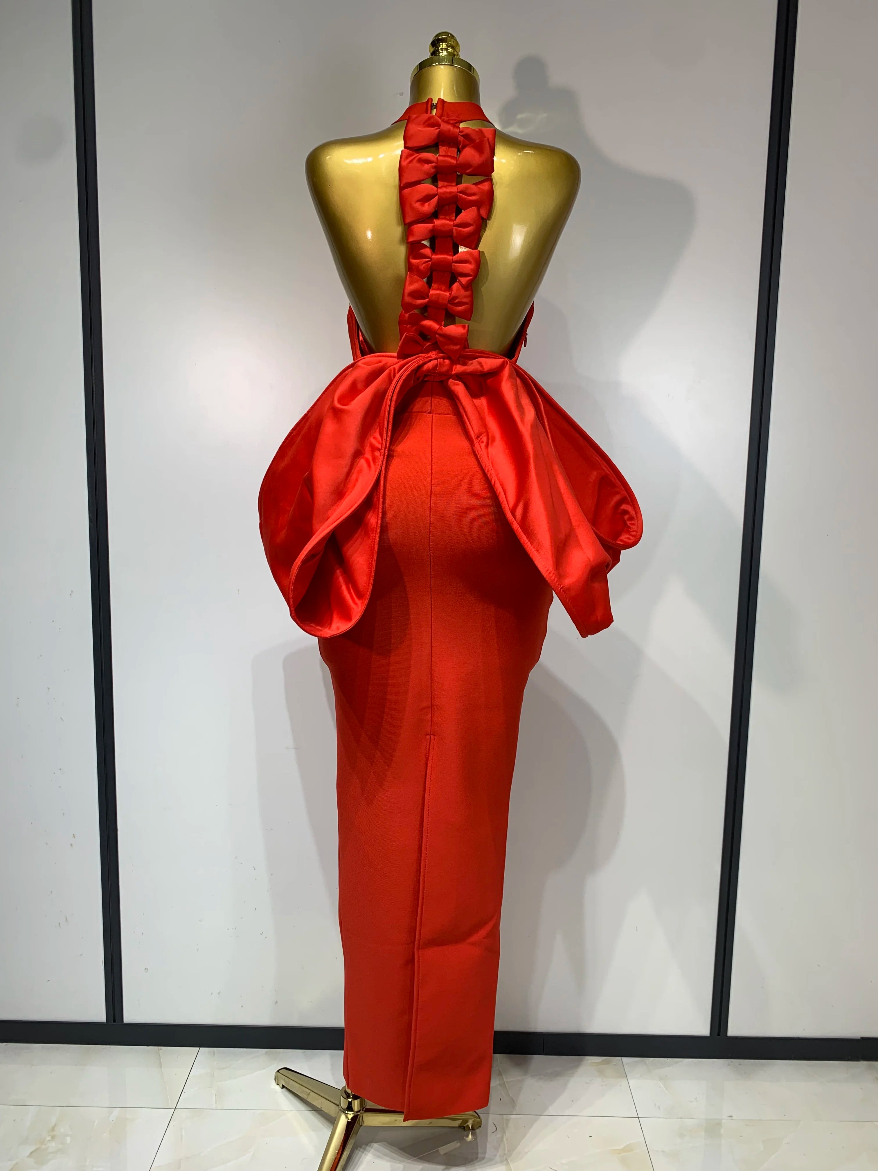 Women Sexy Backless Bow Sleeveless Bodycon Bandage Maxi Dress Red Celebrity Evening Party Cocktail Luxury Birthday Party Dresses Red