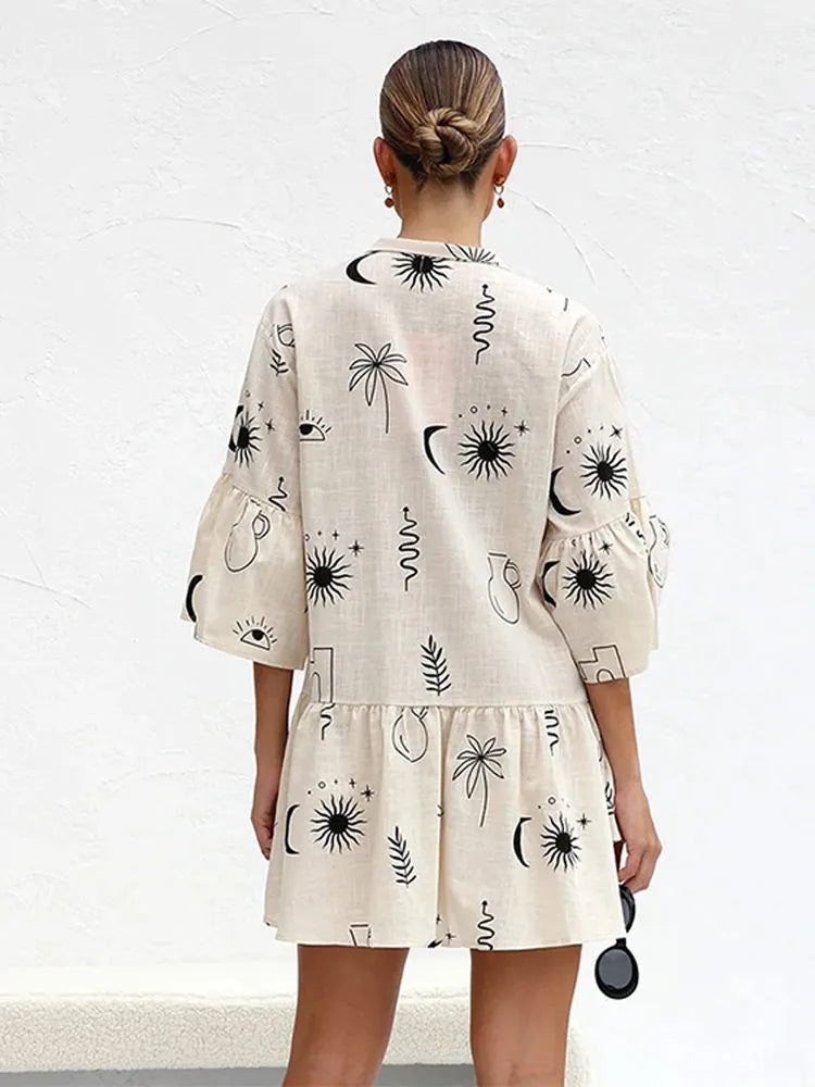 Print Flare Sleeve Ruffled Mini Women's Dress Elegant Shirt Collar Button Vestidos Spring Casual Loose Beach Female Dresses