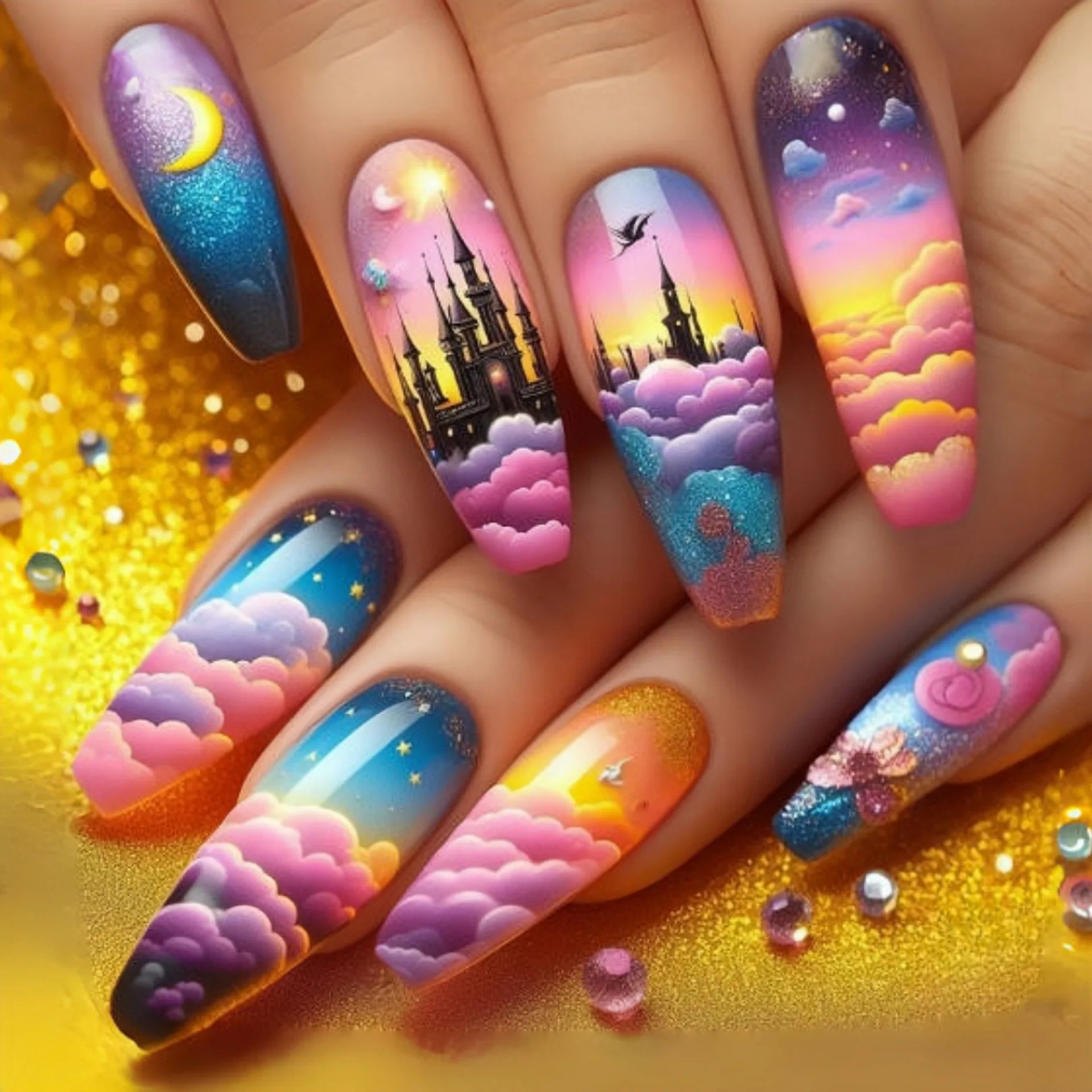 Medium fake nails for women gilrs gradient blue pink starry sky star moon Y2K design Almond nail tips press on false nail set 2251