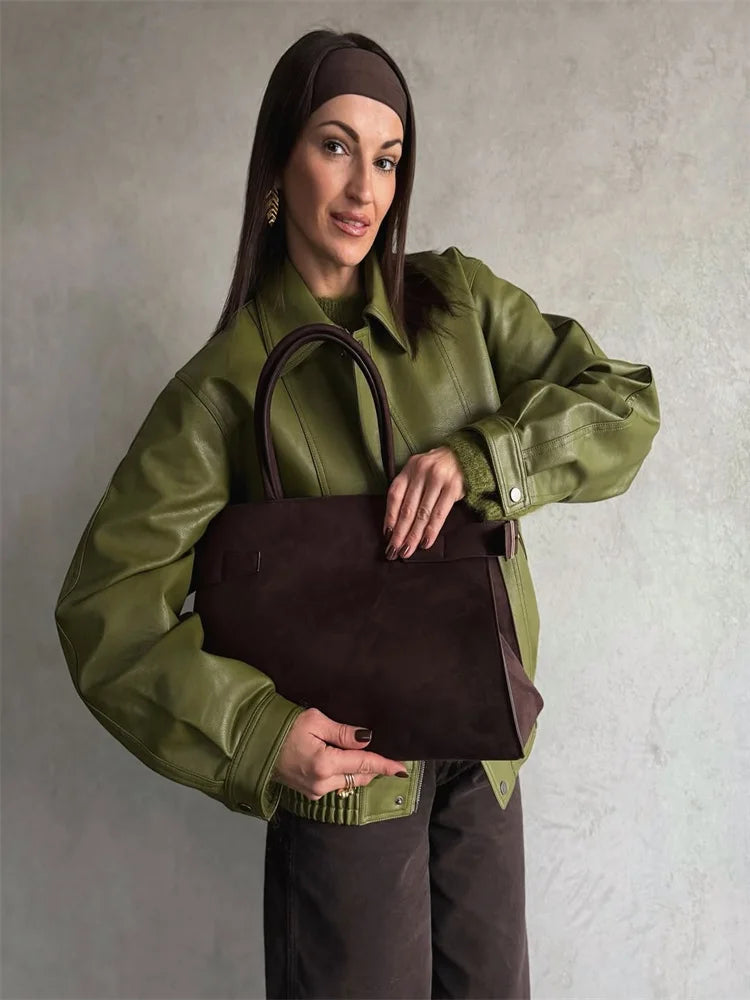 Green PU Leather Jacket Women Retro Laple Zipper Loose Full Sleeve Oversized Coat Female 2025 New Fashion Lady Solid Streetwear